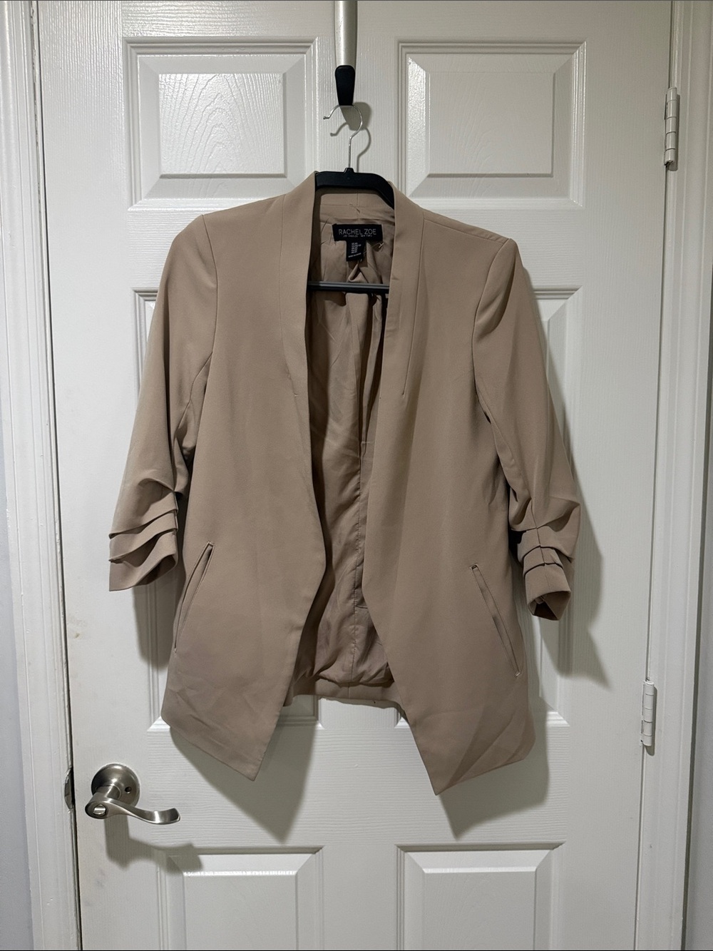 Rachel Zoe Beige Open-Front Blazer with Ruched Sleeves